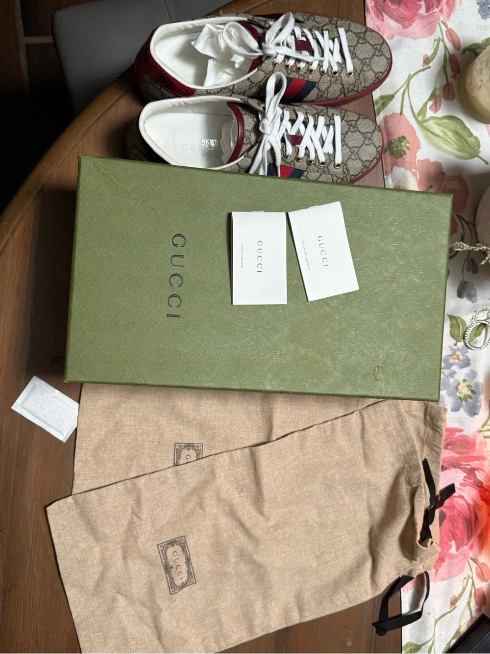 Gucci ACE Men’s GG Canvas Sneaker with web in Beige with Red & Blue Stripe